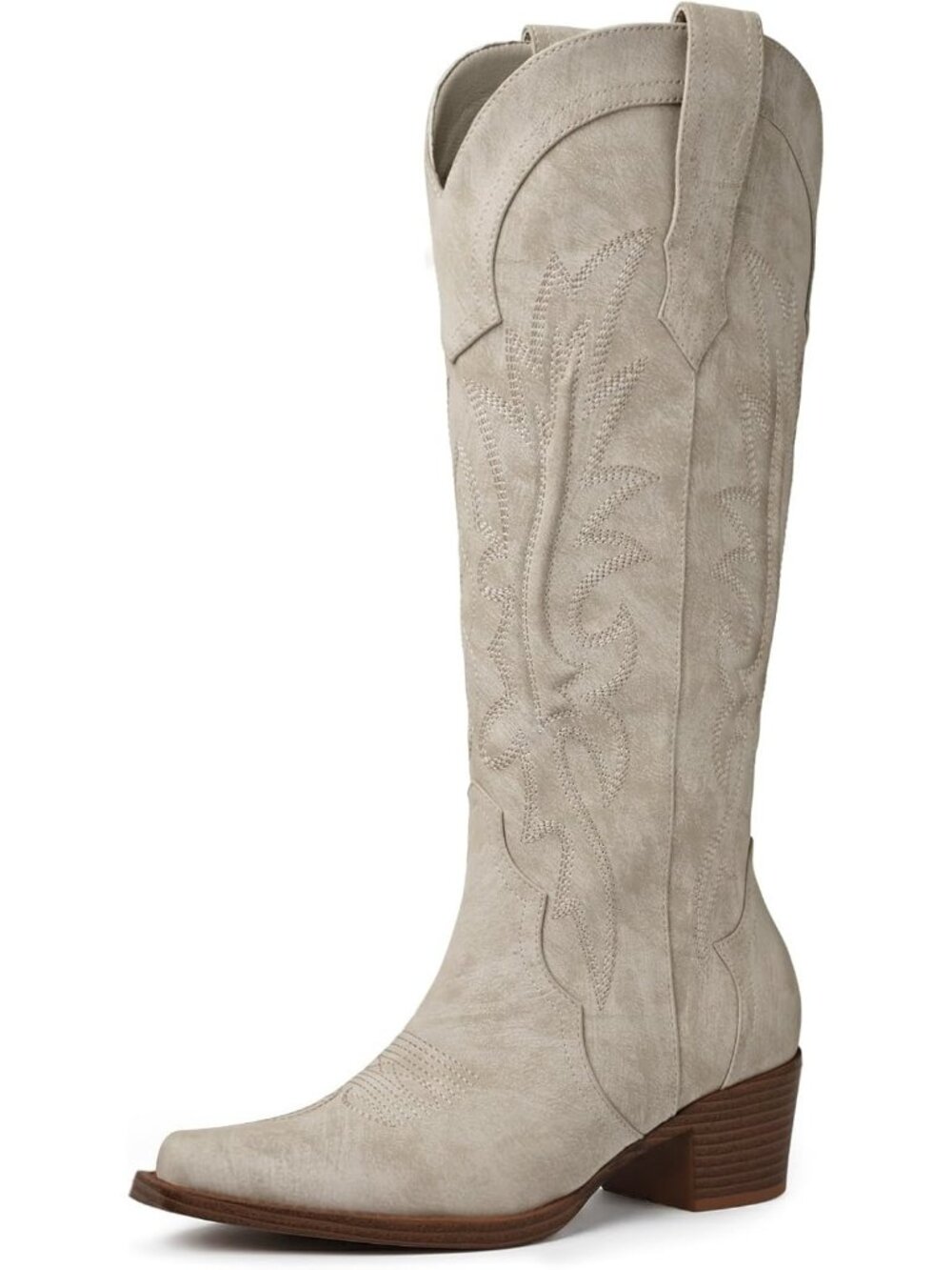 Women's Beige Knee High Cowgirl Boots Pointed Toe Western Boots Chunky Heel